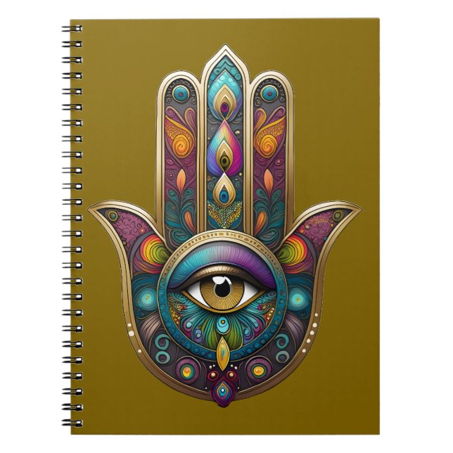 Caderno Espiral Cores de Pavão Hamsa com Terceiro Olho Dourado (Frente)