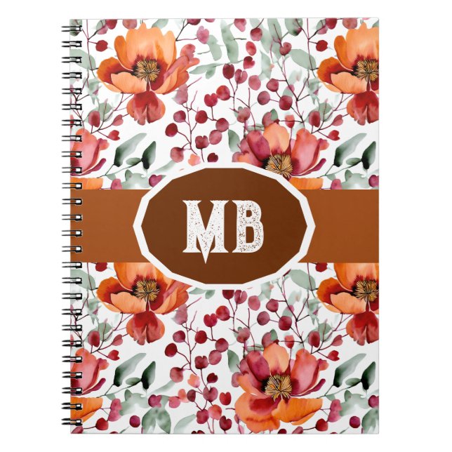 Caderno Espiral Cores Terrosas, Flores de Outono Monogramadas (Frente)