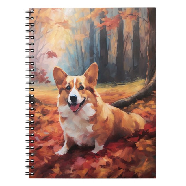 Caderno Espiral Corgi no outono Folhas caem inspiração (Frente)