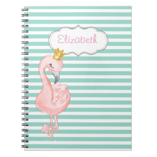 Caderno Espiral Coroa de Flamingo Rosa Fofo com Listras Brancas e