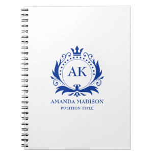Caderno Espiral Coroa de Luxo Azul Monograma de Casamento
