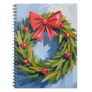 Caderno Espiral Coroa de Natal com Laço Vermelho Aquarela