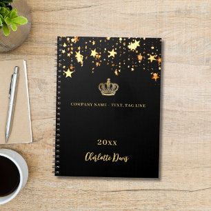 Caderno Espiral Coroa de ouro preto estrelas nome ano negócio