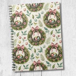 Caderno Espiral Coroa de Páscoa de buxo com laço rosa e ovo