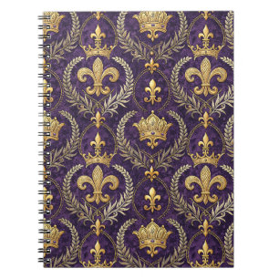 Caderno Espiral Coroa Dourada Fleur-de-lis Estampa de Padrão Roxo