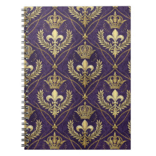 Caderno Espiral Coroa Dourada Fleur-de-lis Real Padrão Arte Roxa