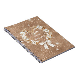 Caderno Espiral Coroa Floral Coração Creme com Brilho Marrom