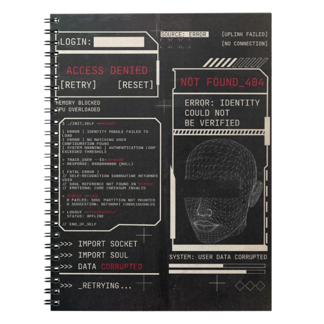 Caderno Espiral Corrompido - Design de Streetwear Techno-Brutalist (Frente)