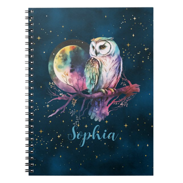 Caderno Espiral Coruja Arco-íris Mística e Lua Cheia Celestial (Frente)