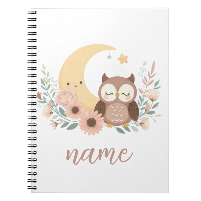 Caderno Espiral Coruja-bebê bonita com lua (Frente)