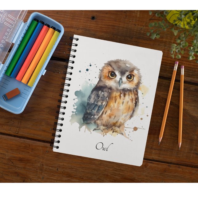 Caderno Espiral Coruja-branca em aquarela, personalizável (Criador carregado)