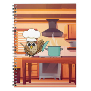 Caderno Espiral Coruja Chef Fofa Cozinhando na Cozinha