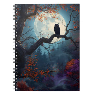 Caderno Espiral Coruja da Lua Cheia na Noite da Árvore de Outono