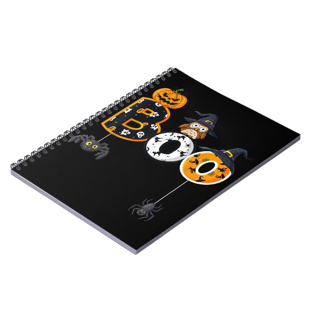 Caderno Espiral Coruja de Halloween com aranhas de chapéu de bruxa (Left Side)