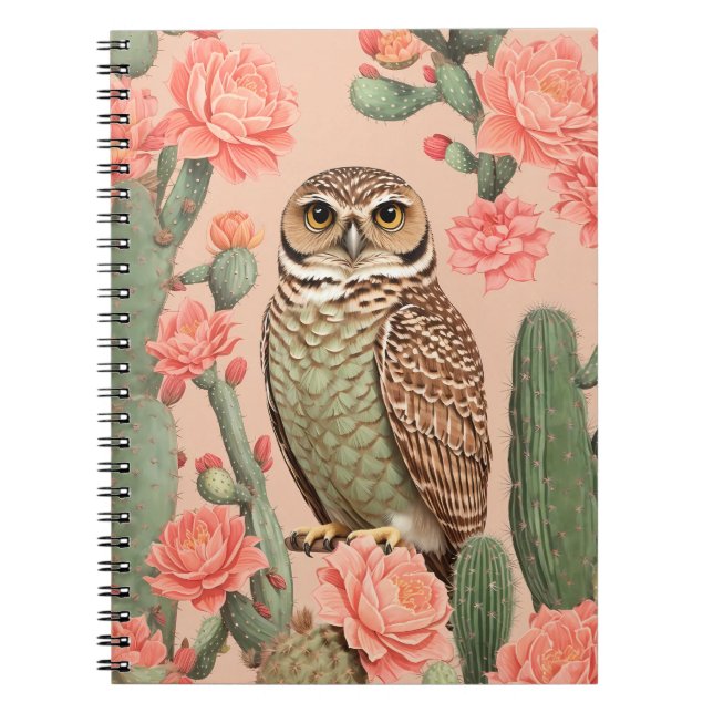Caderno Espiral Coruja E Cactuses Elegantes (Frente)