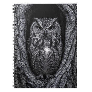 Caderno Espiral Coruja em preto-e-branco-preto-e-branco-árvore