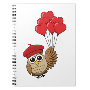 Caderno Espiral Coruja Fofa Voando com Balões em Forma de Coração
