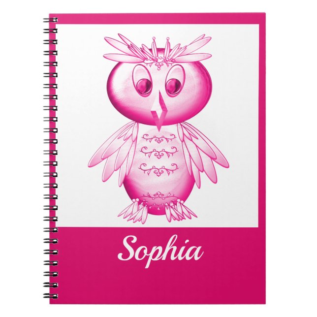 Caderno Espiral Coruja Rosa Engraçada Personalizada para crianças (Frente)