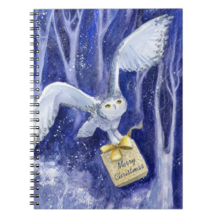 Caderno Espiral Coruja Whimsical Coruja de Natal, azul-violeta