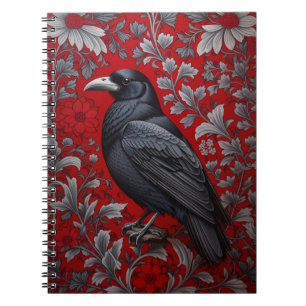 Caderno Espiral Corvo Preto Floral Vermelho Inspirado em William M