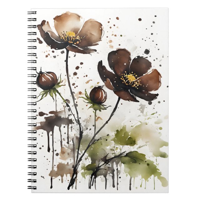Caderno Espiral Cosmo de chocolate - Flores em aquarela (Frente)