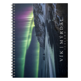 Caderno Espiral Costa de Vik i Myrdal sob a Aurora Luzes do Norte