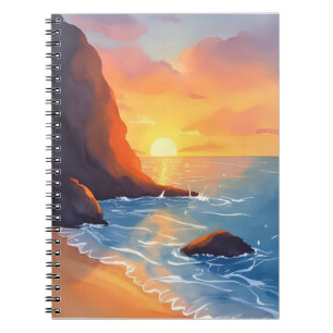 Caderno Espiral Costa do Pôr do Sol Ondas do Oceano na Praia