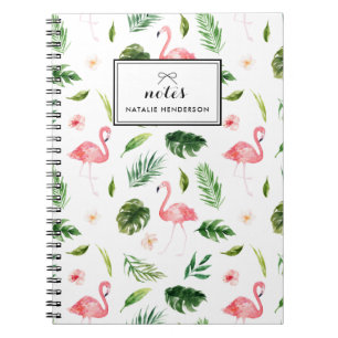 Caderno Espiral Costume tropical das folhas e do flamingo da