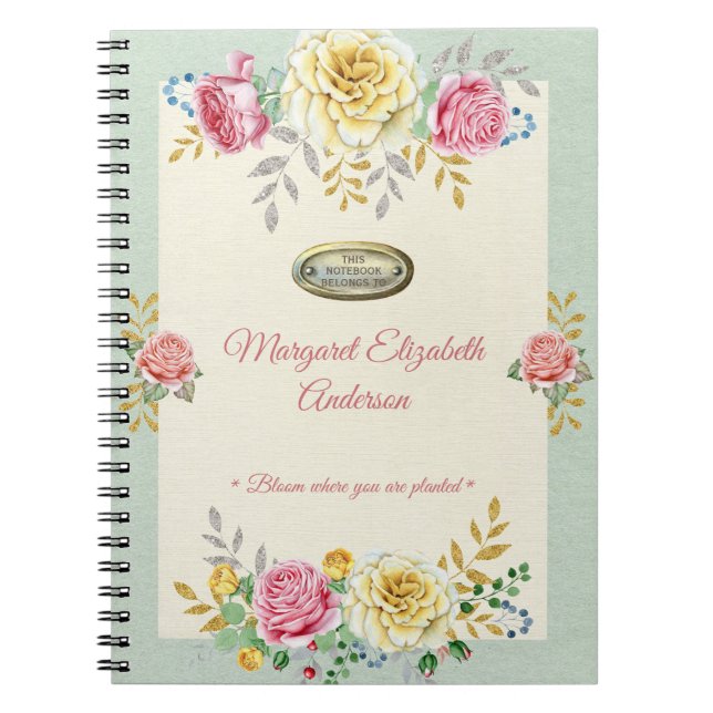 Caderno Espiral Cotação Rosa Floral Dourada de Nome Personalizado (Frente)