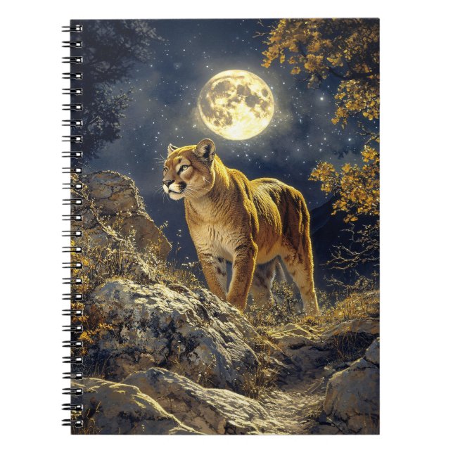 Caderno Espiral Cougar na Arte da Vida Selvagem à Lua (Frente)