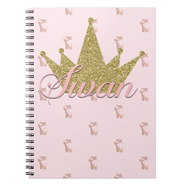 Caderno Espiral Couro de Cisne Dourado Brilho Coroa Glamour (Frente)