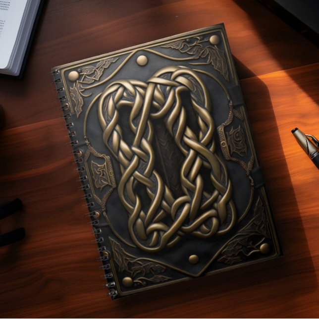Caderno Espiral Couro e metal falsos (Faux leather and metal notebook lies on top of a desk)