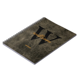 Caderno Espiral Couro monograma preto dourado nome elegante