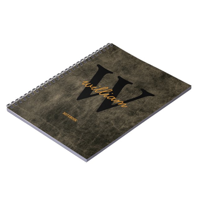 Caderno Espiral Couro monograma preto dourado nome elegante (Left Side)
