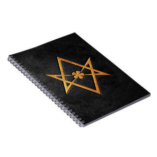 Caderno Espiral Couro Unicursal dourado do preto do Hexagram de