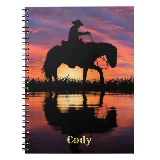 Caderno Espiral Cowboy em cavalo em nome de personalização sunset  (Frente)