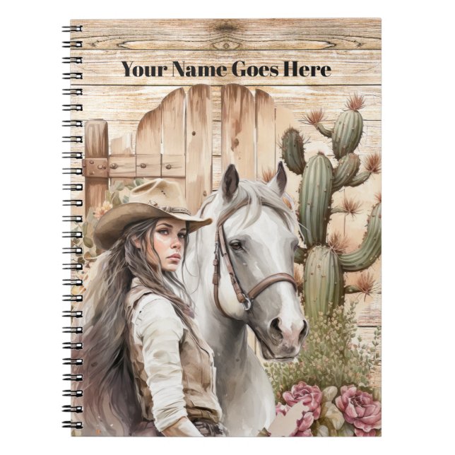 Caderno Espiral Cowgirl com cactus de cavalo floral (Frente)
