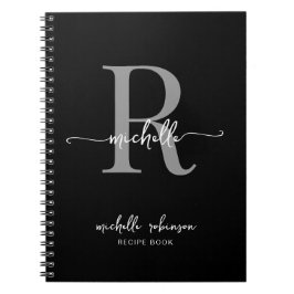 Caderno Espiral Cozinhar Elegante Feminino Preto Cinza Monograma d