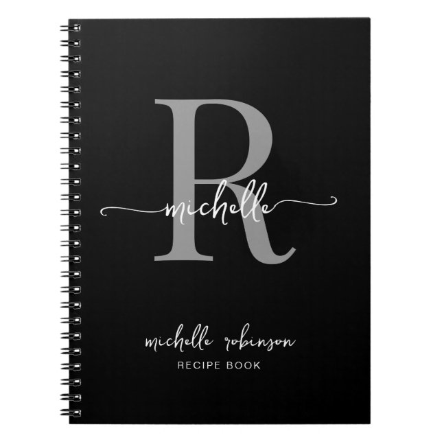 Caderno Espiral Cozinhar Elegante Feminino Preto Cinza Monograma R (Frente)