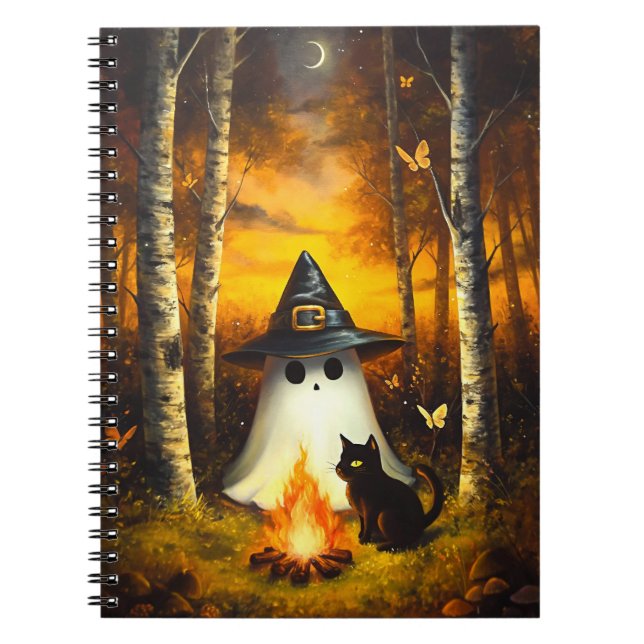 Caderno Espiral Cozy Halloween Ghost & Black Cat Campfire (Frente)