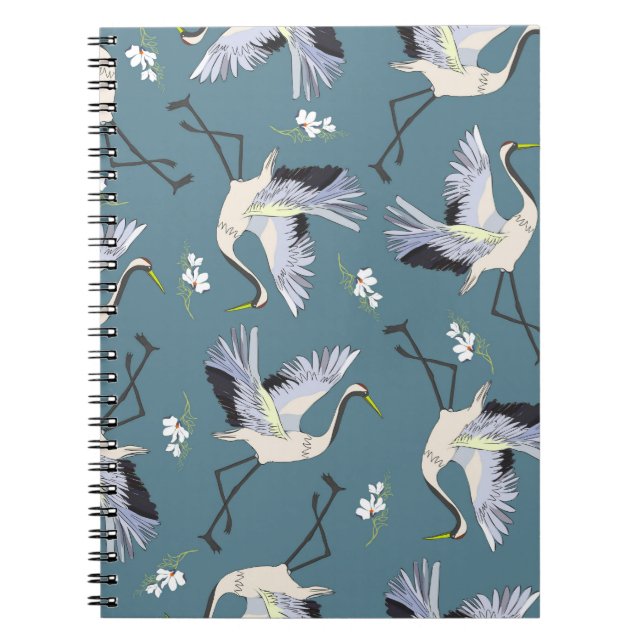 Caderno Espiral Crane Pattern, Ilustração Pássaro Voador. (Frente)