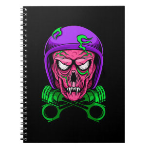 Caderno Espiral Cráneo de Motoqueiro Zumbi Neon com Pistões Cruzad