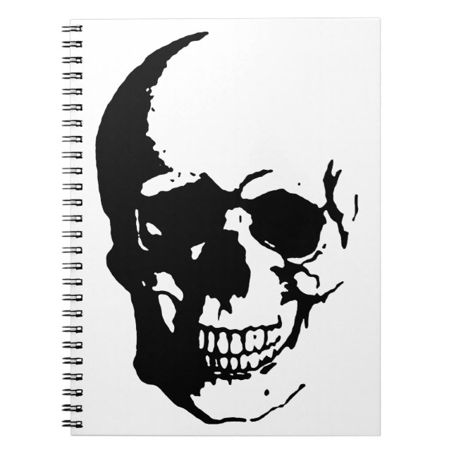 Caderno Espiral Crânio - Arte de Fantasia de Metal Negro e Branco (Frente)
