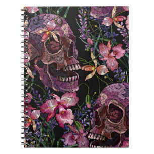 Caderno Espiral Crânio bordado: Padrão Orquídeo Gótico