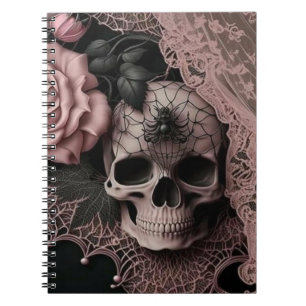 Caderno Espiral Crânio com rendas cor-de-rosa e notebook com flor 
