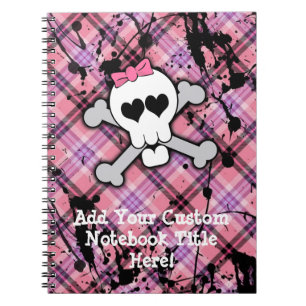 Caderno Espiral Crânio cor-de-rosa e Crossbones com corações e