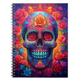 Caderno Espiral Cranio de Açúcar Floral Feliz Temporada de Hallowe