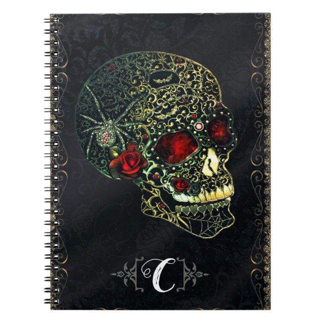 Caderno Espiral Crânio de Aranha com Joias & Rosas Glam Filigrama  (Frente)