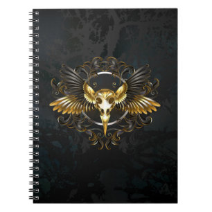 Caderno Espiral Crânio de Pássaro Dourado sobre fundo Preto