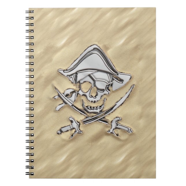 Caderno Espiral Crânio de Pirata de Prata na Areia (Frente)